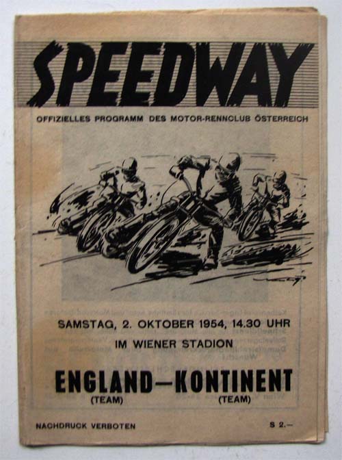 Programmheft Speedway Test Match England gegen Kontinent 1954 in Wien