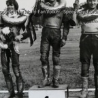 Siegerehrung  v.l. Dietmar Lieschke / MC Jugend Lübbenau - Diethelm "Otto" Triemer - Werner "Opi" Mell beide MC Güstrow, Sandbahnrennen DDR Ort unbekannt